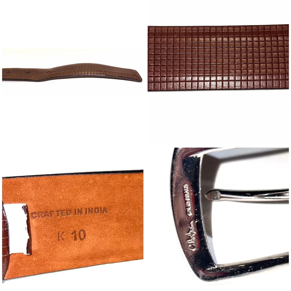 Cole Haan A34759 Grid Textured Brown Leather Silver Buckle Belt Size 34 85
